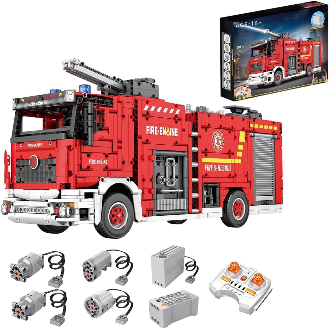 Sponsored Ad – Technology RC Fire Engine Building Blocks Kit, 2888 Pieces Large Fire Engine With motor and remote control, Water Jet Fire Engine Model Building Kit, Compatible with L*GO