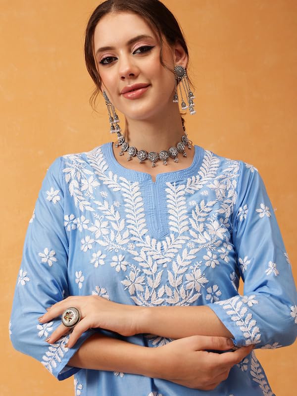 Image of Ada Women's Muslin Straight Fit Tunic Hand Embroidered Lucknowi Chikankari Straight Top Short Kurti A911420