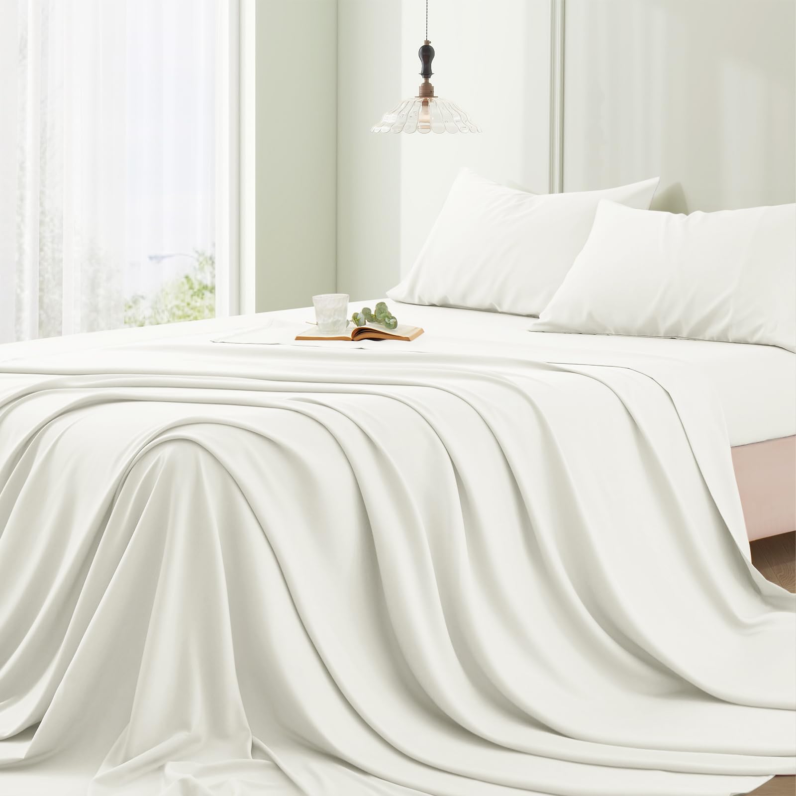 Vonty King Bed Sheet Rayon Derived from Bamboo Sheets King Size Bed Set, White King Sheet Set Luxury & Cooling Sheets - Hotel Silky Sheets with Deep Pocket, 4 Pieces