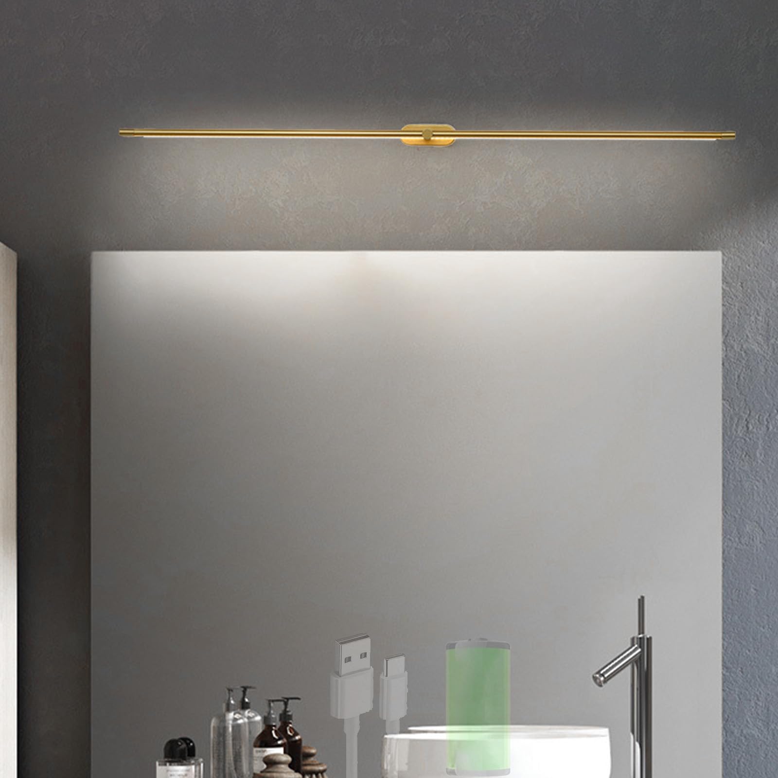 TZSMUM LED Rechargeable Mirror Lights Wall Lamps Battery Operated Bathroom Wall Sconce with Touch Control Modern Long Strip Wall Lights for Mirror Vanity Living Room Bedroom (Gold White Light,128cm)