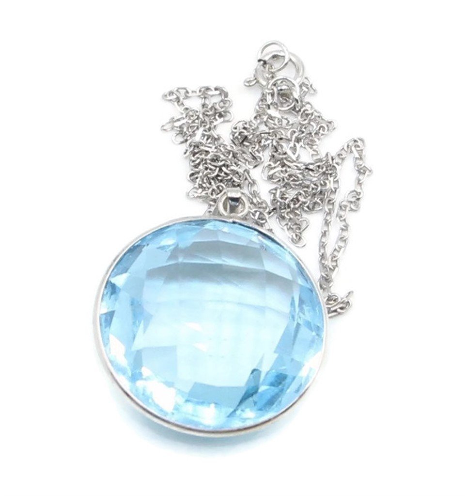 Blue Topaz Round Pendant with 16" Necklace,14K White Gold