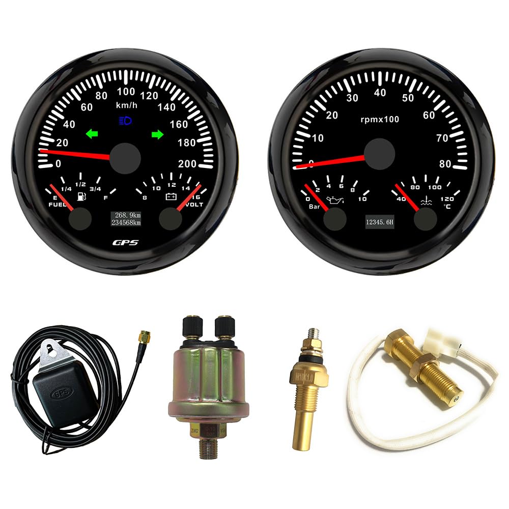 ELING 85 mm Messgeräte-Set multifunktionaler 3-in-1 GPS-Tachometer 0–200 km/h mit 0–8000 U/min Drehzahlmesser mit Kraftstoffstand Öldruck Wassertemperatur Sensor mit Hintergrundbeleuchtung Voltmeter