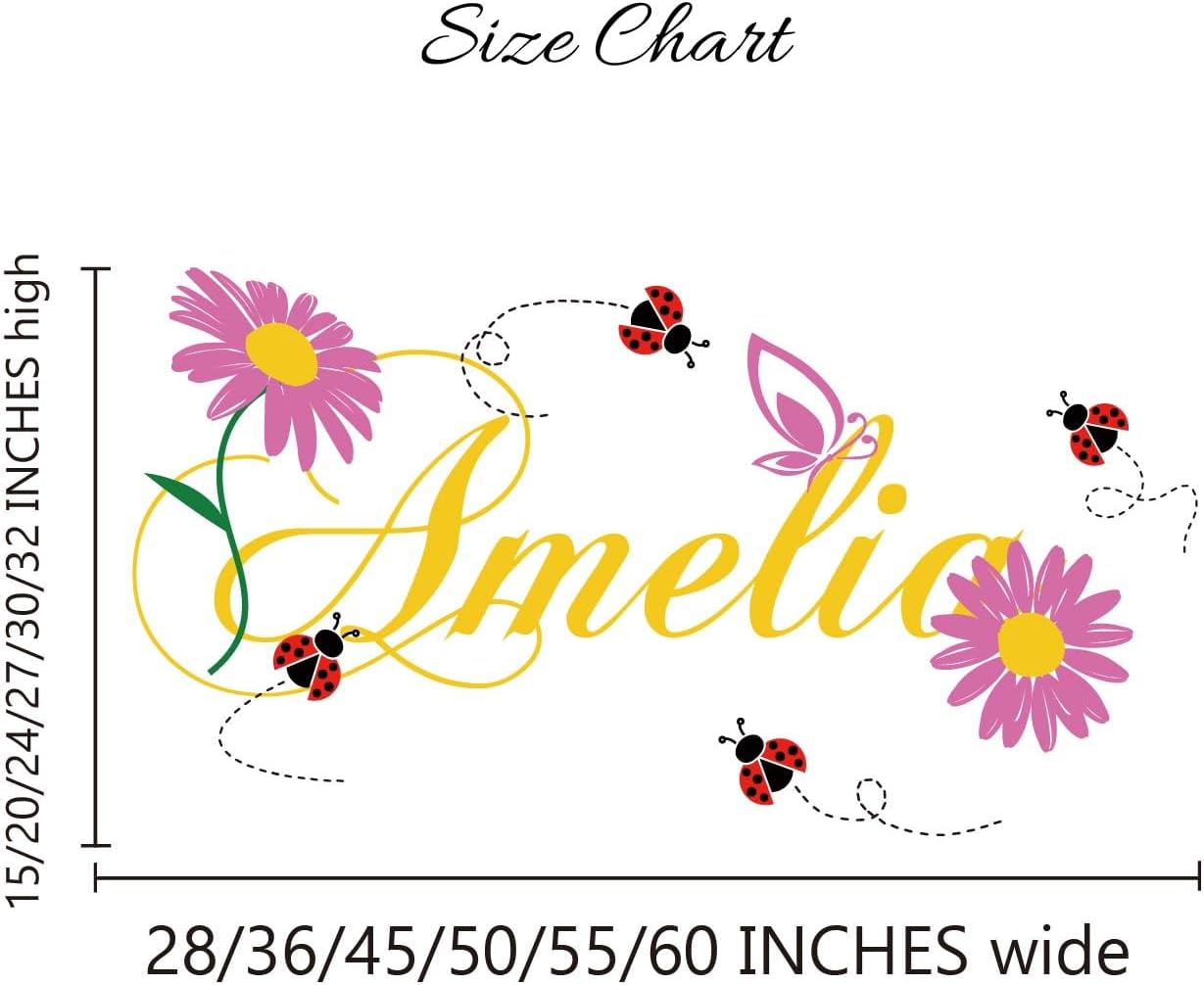 Personalized Girl Name Wall Decal - Daisy Flower & Ladybug Nursery Stickers, Removable Peel and Stick Wall Art for Baby Girl Room Decor.