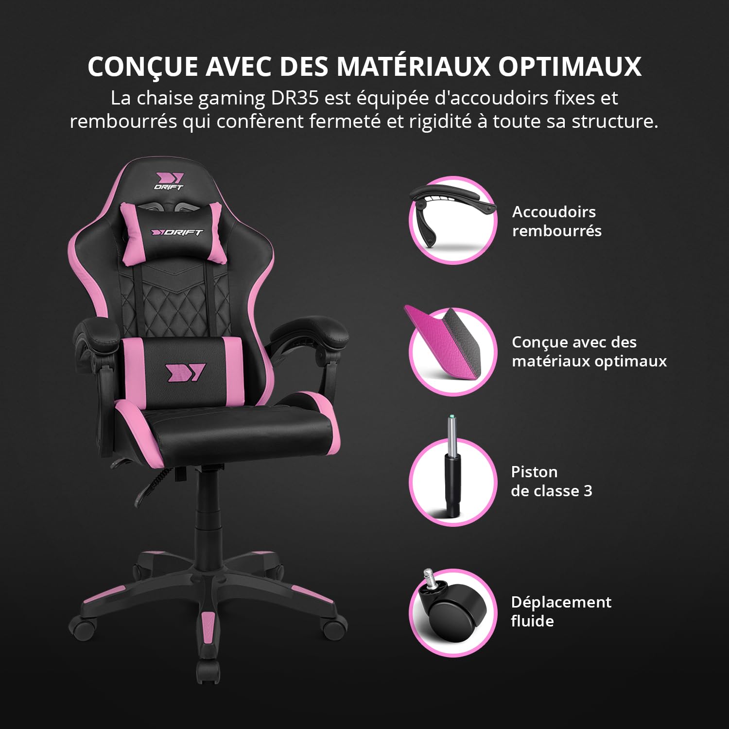 DRIFT GAMING DR35 - Chaise Professionnelle, Similicuir, Accoudoirs rembourrés, Piston Classe 3, Base en Nylon renforcé, Siège inclinable, Hauteur réglable, Coussin Lombaire/Cervical, Noir/Rose