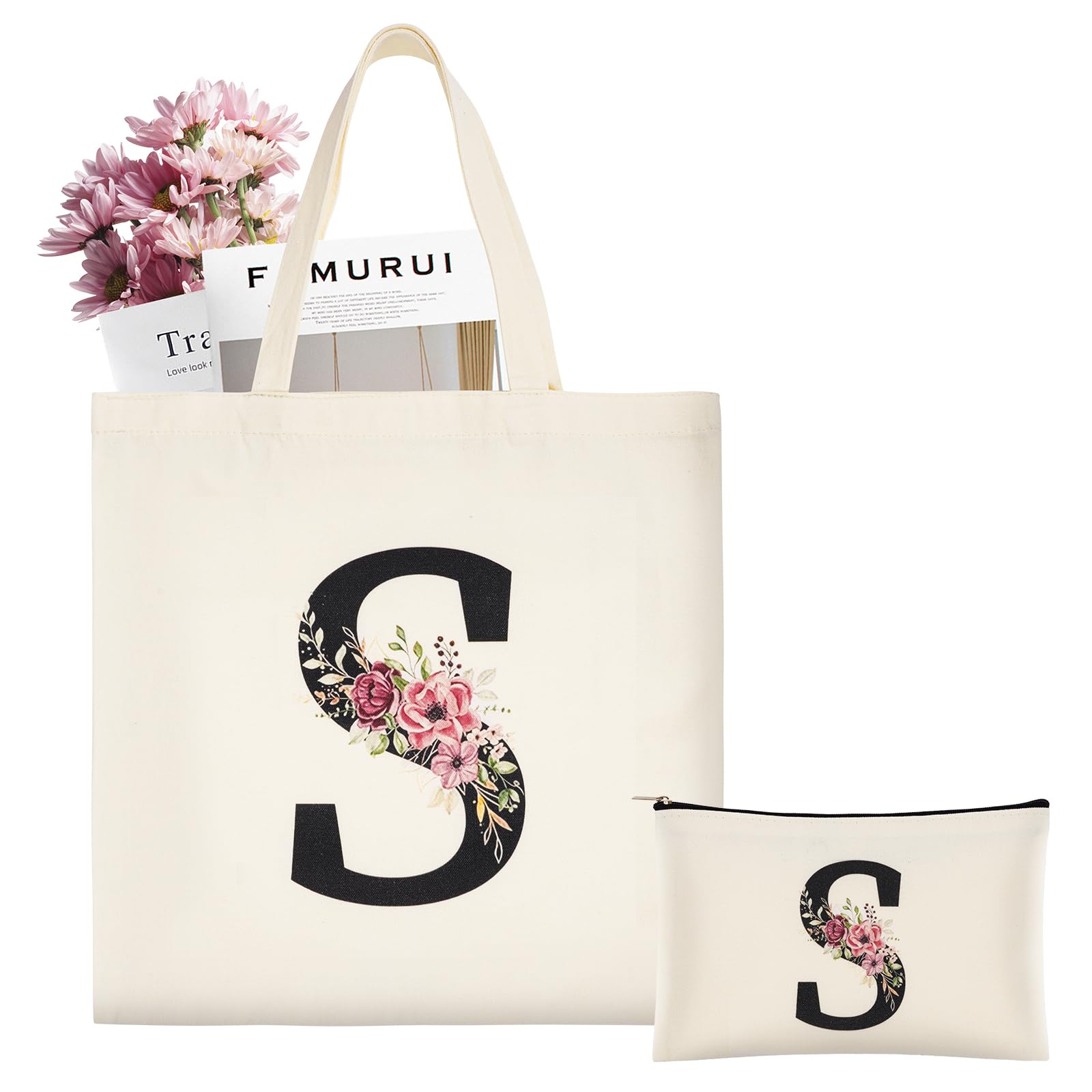 ABOHU Initial Canvas Tote Bag, Personalized Present Bag with Floral Makeup Bag, Premium Cotton Tote Bags for Wedding, Birthday, Beach, Holiday, Great Gift for Women, Mom, Teacher, Friends, Bridesmaids
