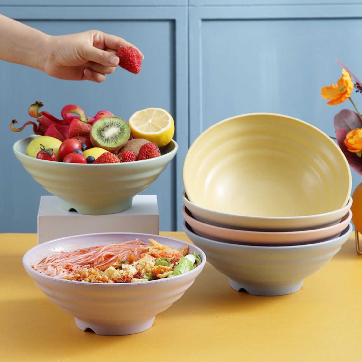 Solma Wheat Straw Cereal Bowls Set 4 PCs Random Colorful 54oz Unbreakable Cereal Bowls Microwave and Dishwasher Safe Lightweight Kitchen for Ramen Oatmeal Salad Soup 4