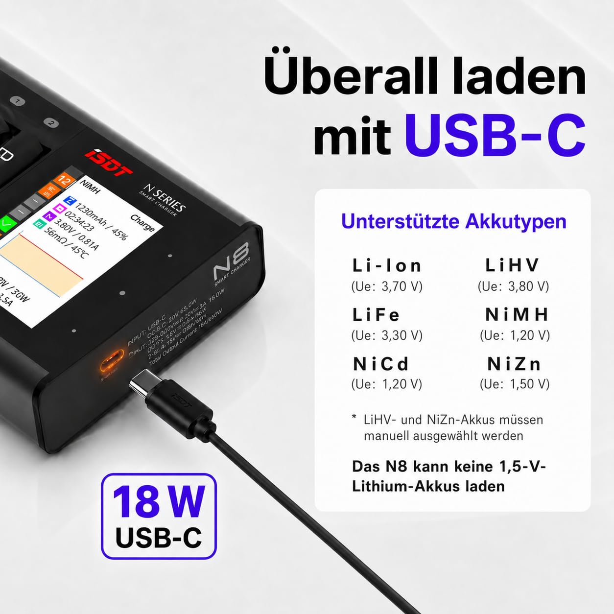 ISDT - Cargador de batería N8 AA/AAA de 8 compartimentos con pantalla a color de 2,4"