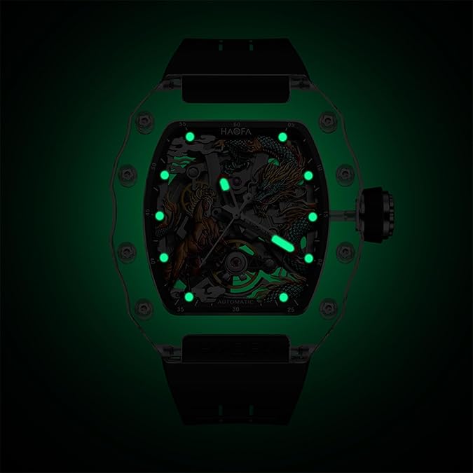 Haofa Transparent Crystal Mirror 3D Dragon Horse Mechanical Watch for Men Automatic Hollow Glass Case Waterproof Luminous Men's Watch 2323