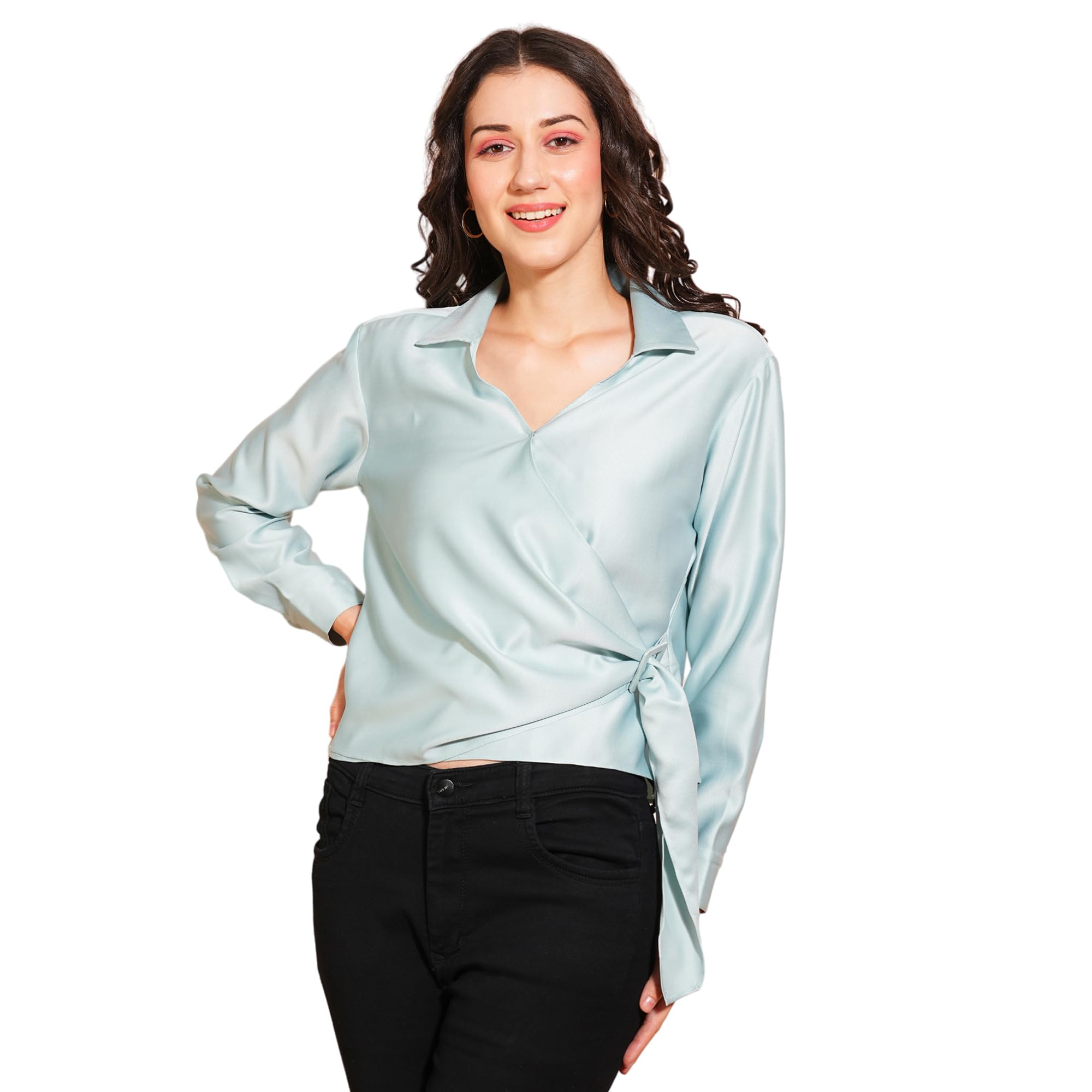 Women Solid Shirt Collar Cuffed Sleeves Twisted Buckle Detail Shirt Style Party Top-image-9