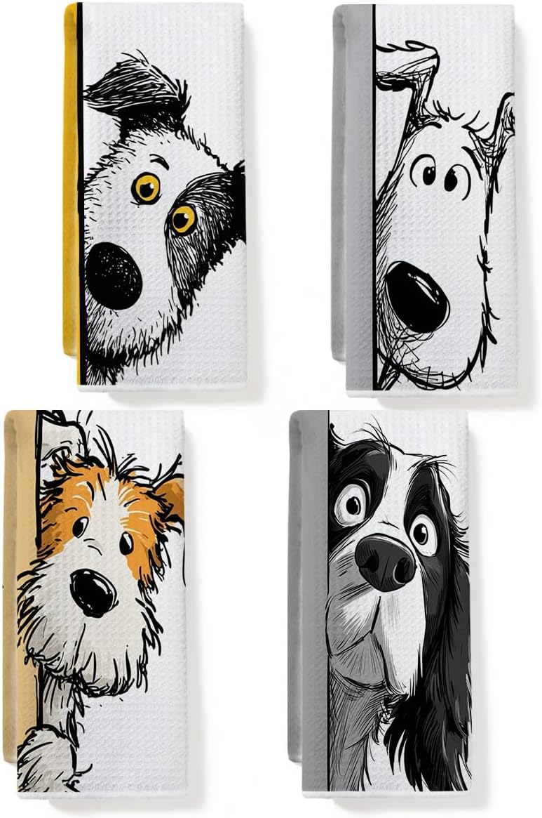 JIUWEIHU 4 Pcs Funny Dog Kitchen Towels, Cute Dogs Gifts Hand Tea Towels for Kitchen Bathroom Home Decor, Dogs Waffle Weave Absorbent Dish Towel, Dog Lover Gifts for Women Mom Friend 14x24 Inches