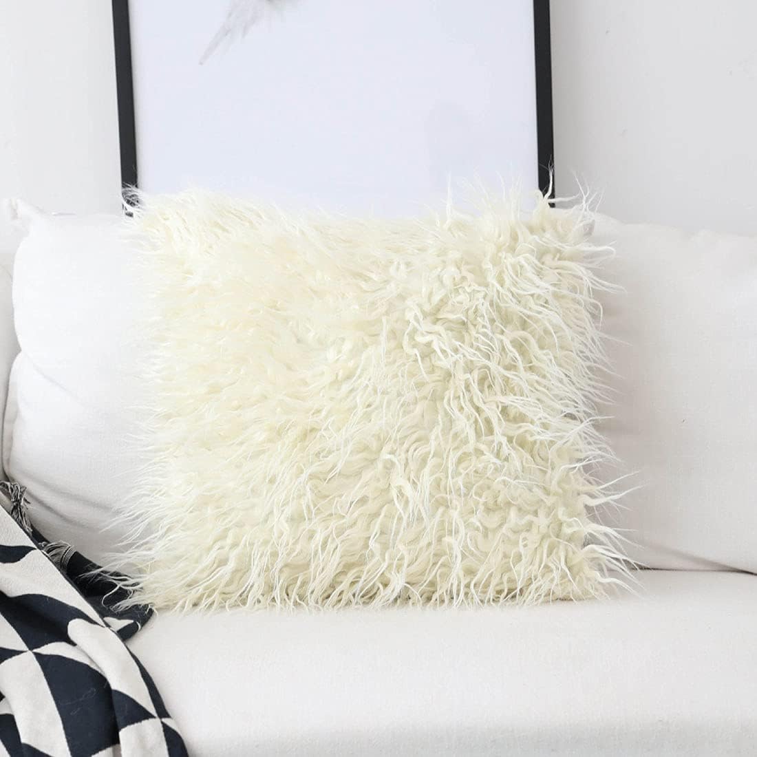 vctops Luxury Faux Fur Decorative Throw Pillow Cover Super Soft Long Fur Fluffy Square Cushion Case for Sofa Couch Bedroom (Beige, 24"x24")