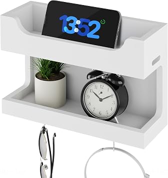 NiHome Wall Mounted Wooden Bedside Accessories Organizer, Double Tray Bedside Storage Shelf Rack with Magnetic Hooks, Bedroom Dorm RV Wall Caddy Holder for Phone Glasses Alarm Clock Remote White