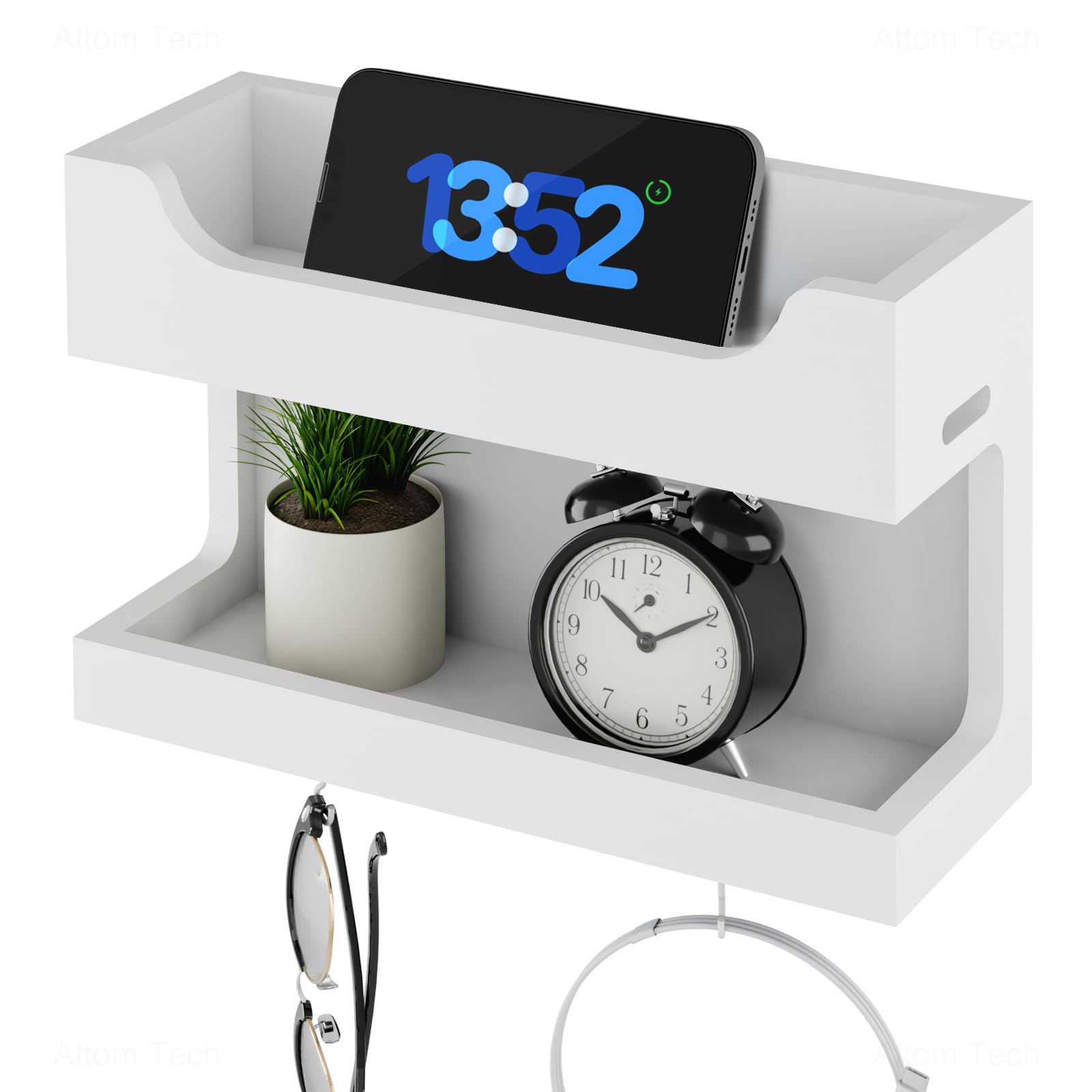 Wall Mounted Wooden Bedside Accessories Organizer, Double Tray Bedside Storage Shelf Rack with Magnetic Hooks, Bedroom Dorm RV Wall Caddy Holder for Phone Glasses Alarm Clock Remote (White)