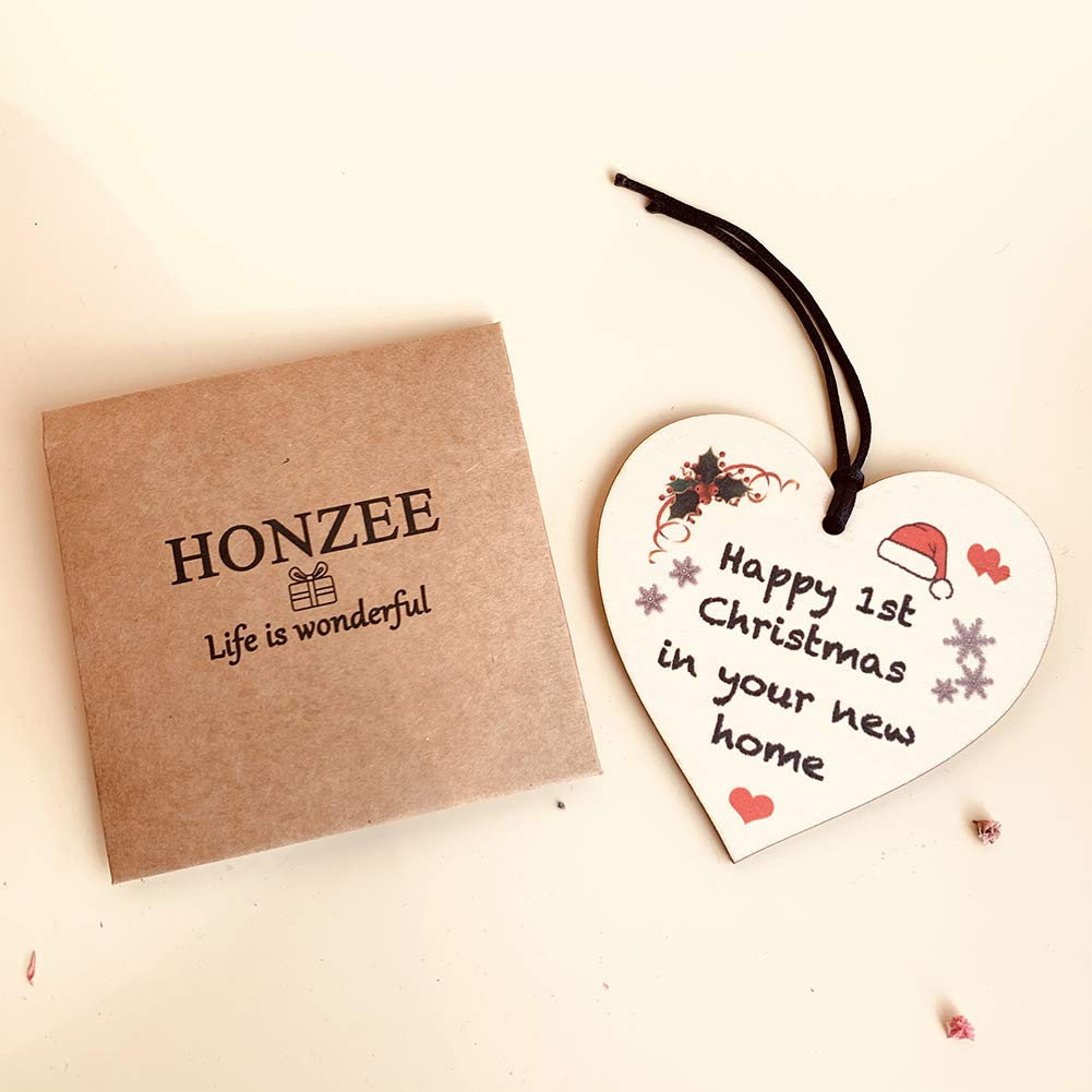HONZEE Happy 1st Christmas in New Home Heart Plaque, Rustic Wooden Christmas Ornament, Housewarming Gift for Friends - Image 3