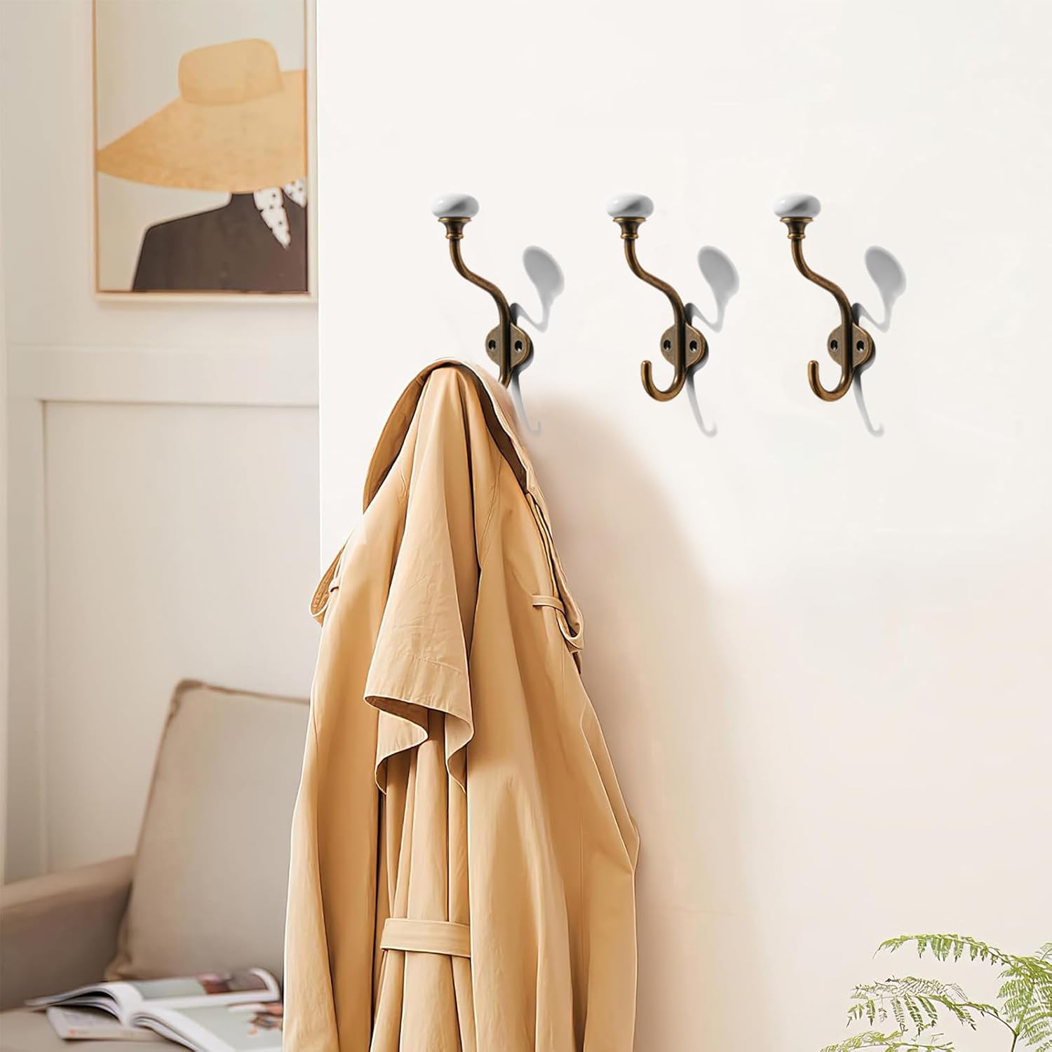 khtumeware 5-Pack Zinc Alloy Antique Brass Coat Hooks Modern, Simple and wall Decoration Towel Robe Hooks Bedroom Ceramic Coat Hooks Suitable for Living Rooms, homestays and Hotels mudroom Hooks