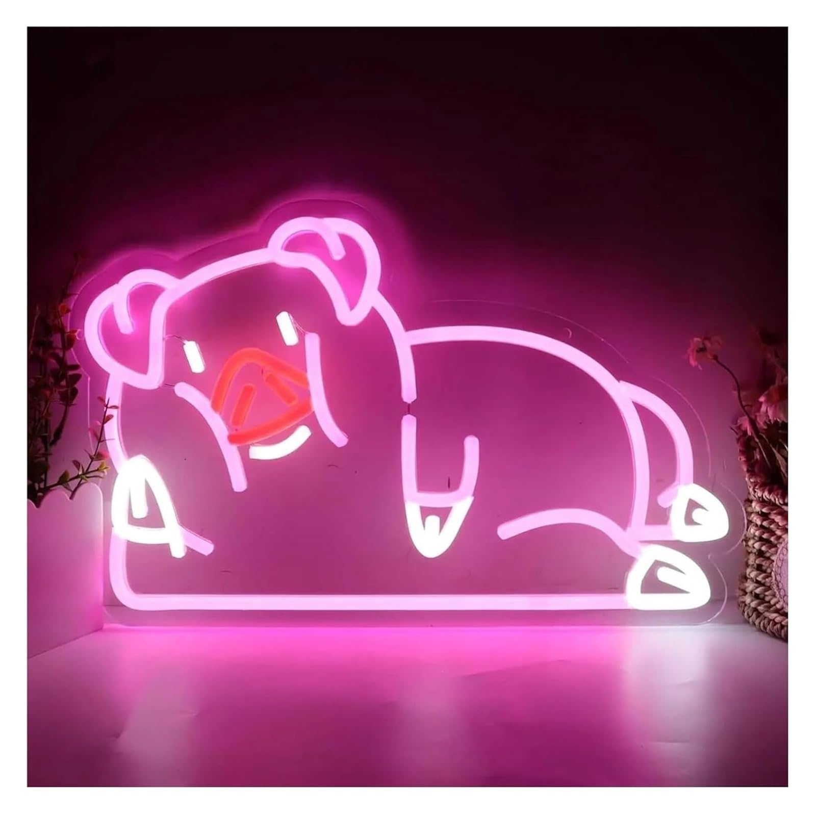 Letrero de neón cerdo para rosa con luz animal para sala juegos, habitación infantil, para fiesta, decoración pared, 40 x 25 cm
