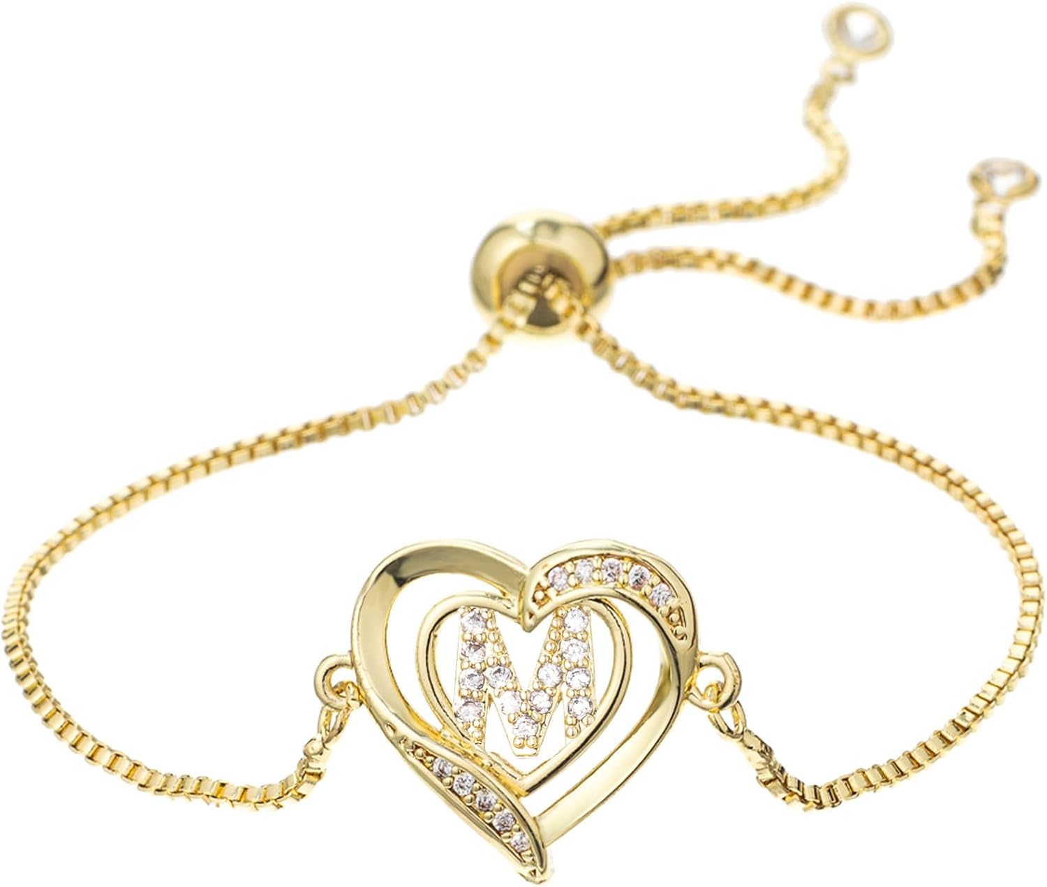 14K White Gold Plated Initial Heart Bracelet for Women Zircon Inlay Heart Initial Charm Bracelets Adjustable Minimalist Jewelry