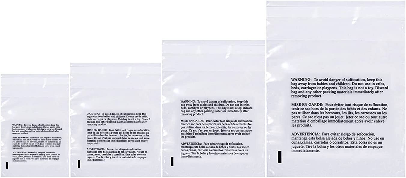 Poly Bags with Suffocation Warning 6x9", 8x10", 9x12", 11x14" - Combo Pack of 400 (100 each size) - Clear Poly Bags by Retail Supply Co - Resealable : Office Products