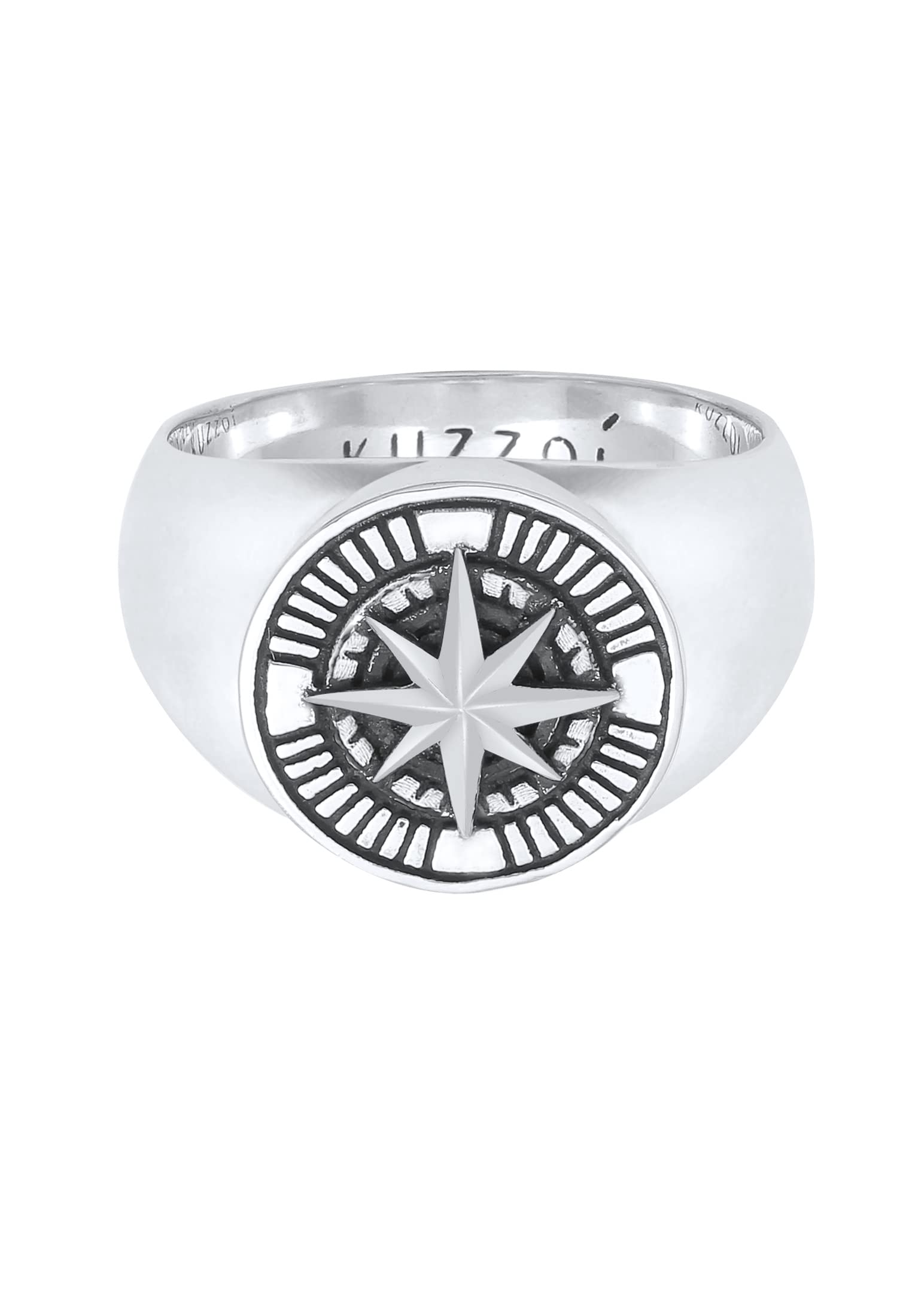 Kuzzoi Siegelring Herrenring rund massiv 15 mm 925 Silber schwarz | oxidiert mit Kompass Symbol Ring für Männer in der Ringgröße 60 - 66