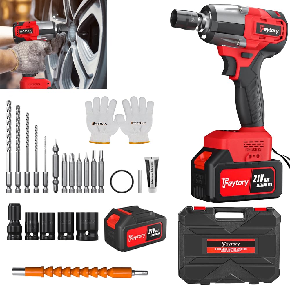 21V Cordless Brushless Impact Wrench, 550N.m High Torque Impact Wrench 1/2Inch Battery Impact Gun 2500RPM Electric Impact Wrench with 6.0Ah Lithium Battery, 4 Socket Sets, 12 Screwdriver Bits, Red โ image 1