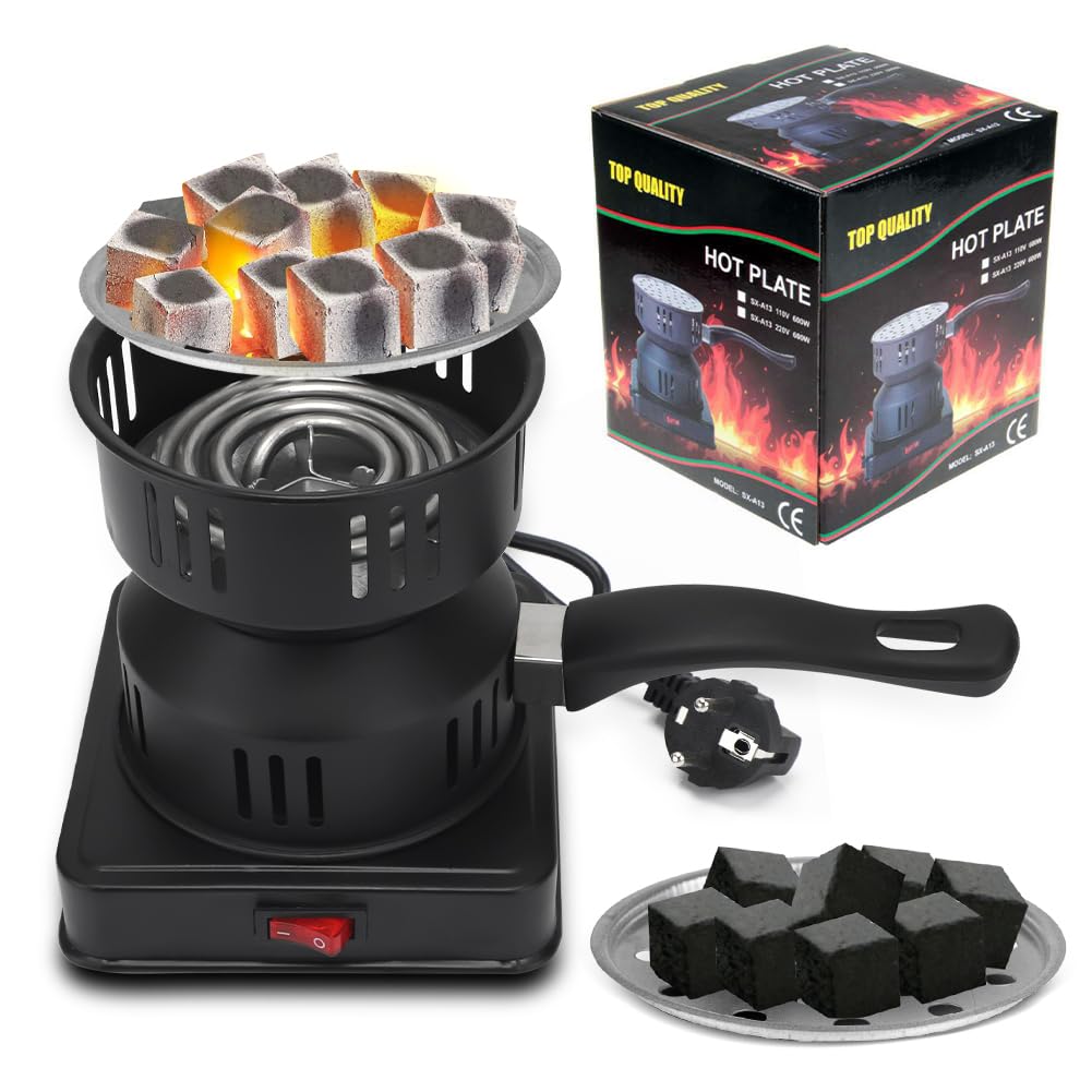 RANJIMA Accendifuoco a Carbone, con Maniglia e Cavo Lungo, 450 – 600 W, Piastra riscaldante di Alta qualità, Colore Nero, griglia a Carbone, riscaldata, caffè Invernale, Regalo per San Valentine