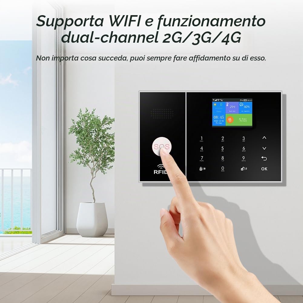 allarme casa senza fili,kit allarme casa senza fili con Sirena Allarme 120dB, Telecomando Intelligente, Invite vocale, Display LCD, Sicurezza per la casa, ufficio(8 Pezzi)