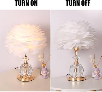 White Feather Table Lamp with Crystal Base Romantic Feather Night Light Feather Lampshade Decorative Bedside Table Lighting for Bedroom, Living Room