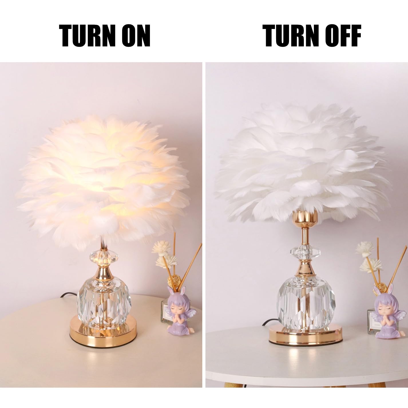 Base De Cristal Lámpara De Mesa De Plumas Blancas Lámpara De Noche De Plumas Románticas Lámpara De Noche De Plumas Lámpara De Plumas Decoración De Dormitorio, Lámpara De Cabecera De Sala De Estar