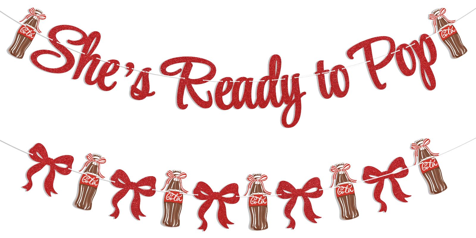 She's Ready to Pop Banner - Retro Soda Fountain Baby Shower Decor, Red Coquette Soda Theme Gender Reveal Party Decorations Red Glitter — image 1