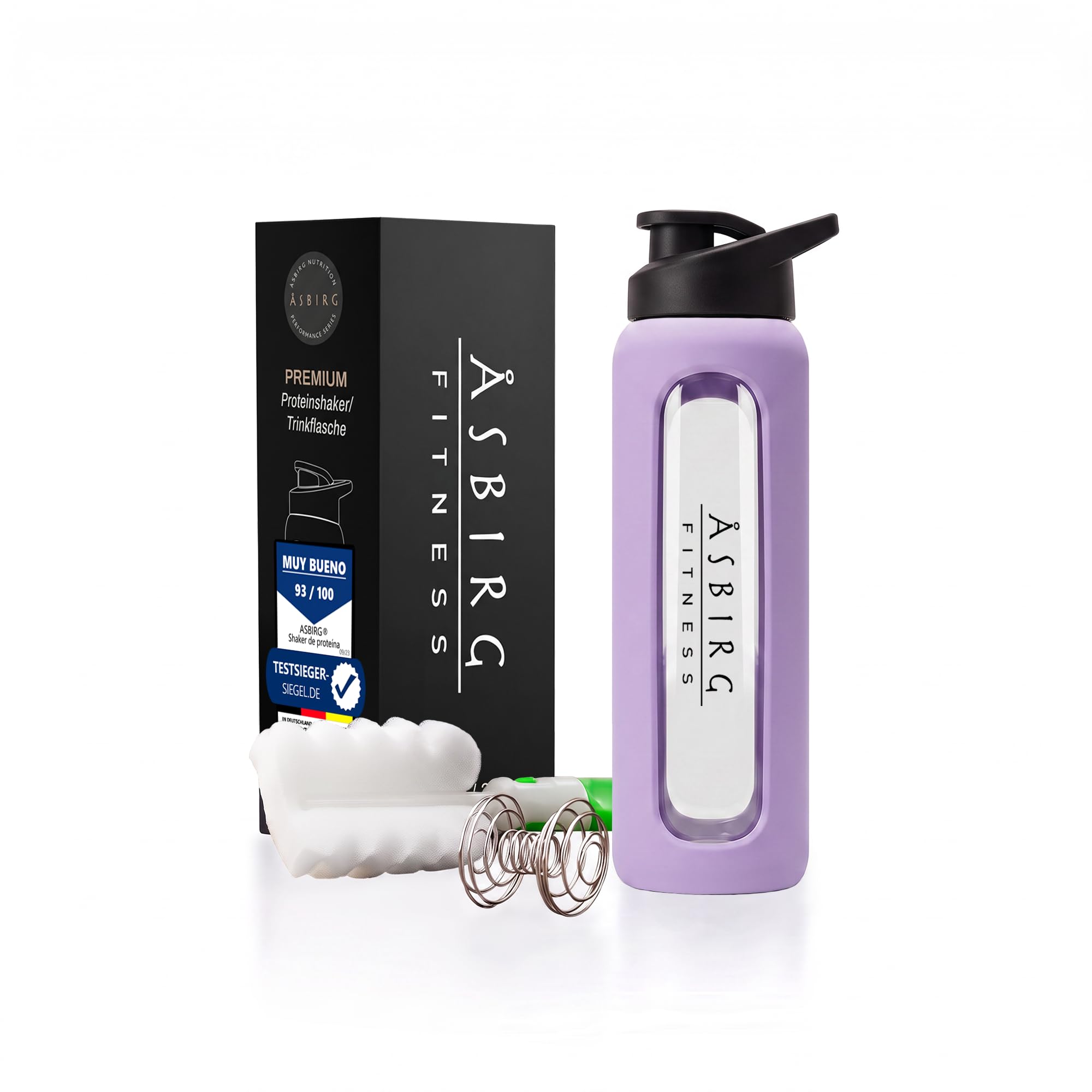 Pack de 3 mezcladores de proteínas de cristal Violeta, verde pastel y beige – Sin BPA, sabor neutro - Con bola espiral