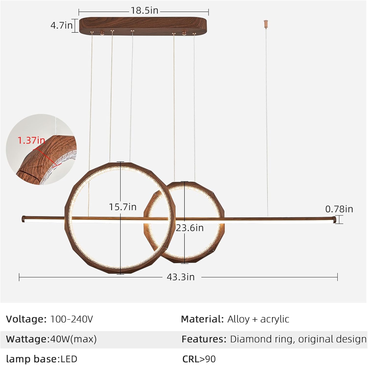 HEYAN Modern Linear LED Farmhouse Pendant Light, 43.3" Walnut Wood Finish Grain 2-Ring Kitchen Island Chandelier, Diamond Cut Acrylic Dining Room Hanging Light, 40W, CRI>90