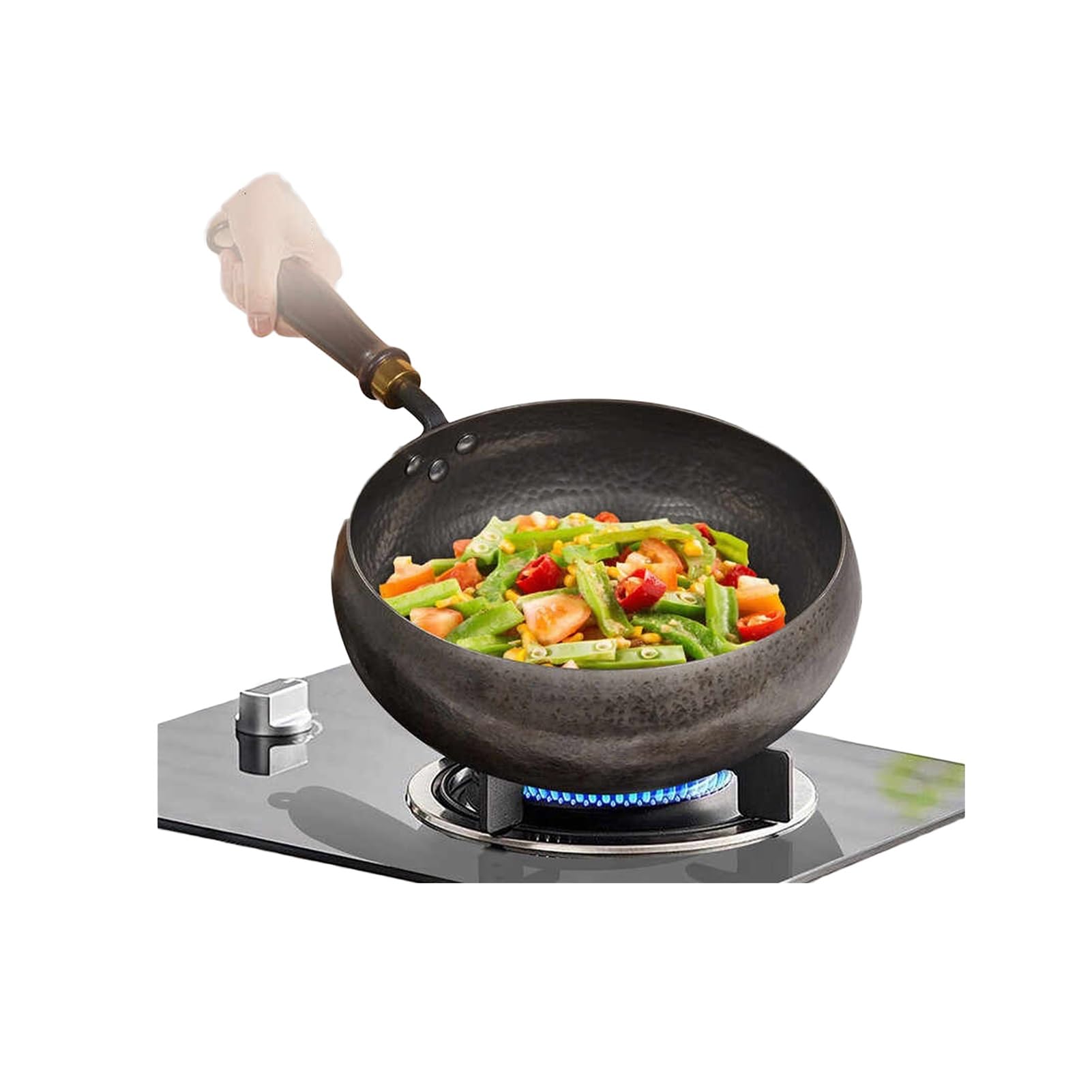 Generico Wok A Fondo Piatto In Ferro Con Coperchio In Legno, Grande In Acciaio Al Carbonio, Padella Multiuso A For Cibo Occidentale E Cinese(26cm)