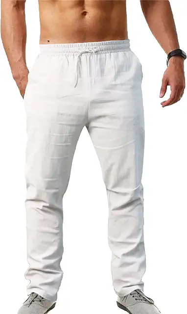 Pantalon Homme Yoga Léger en Coton Lin Décontracté Plage Été Taille Grande