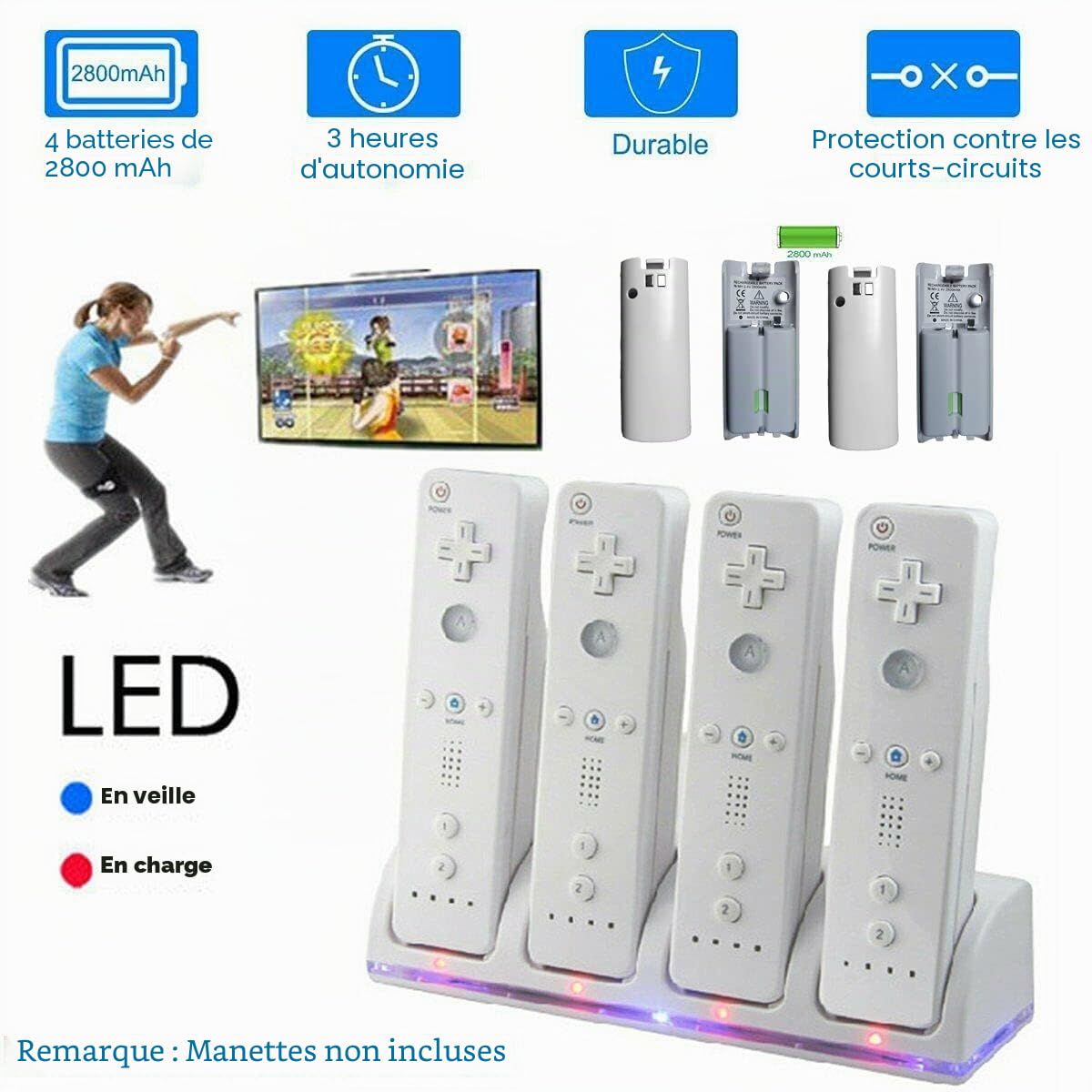 Chargeur Wii 4 Ports avec 4 Batteries Rechargeables 2800 mAh pour Wiimote | Station de charge groupée, rangement pratique des télécommandes