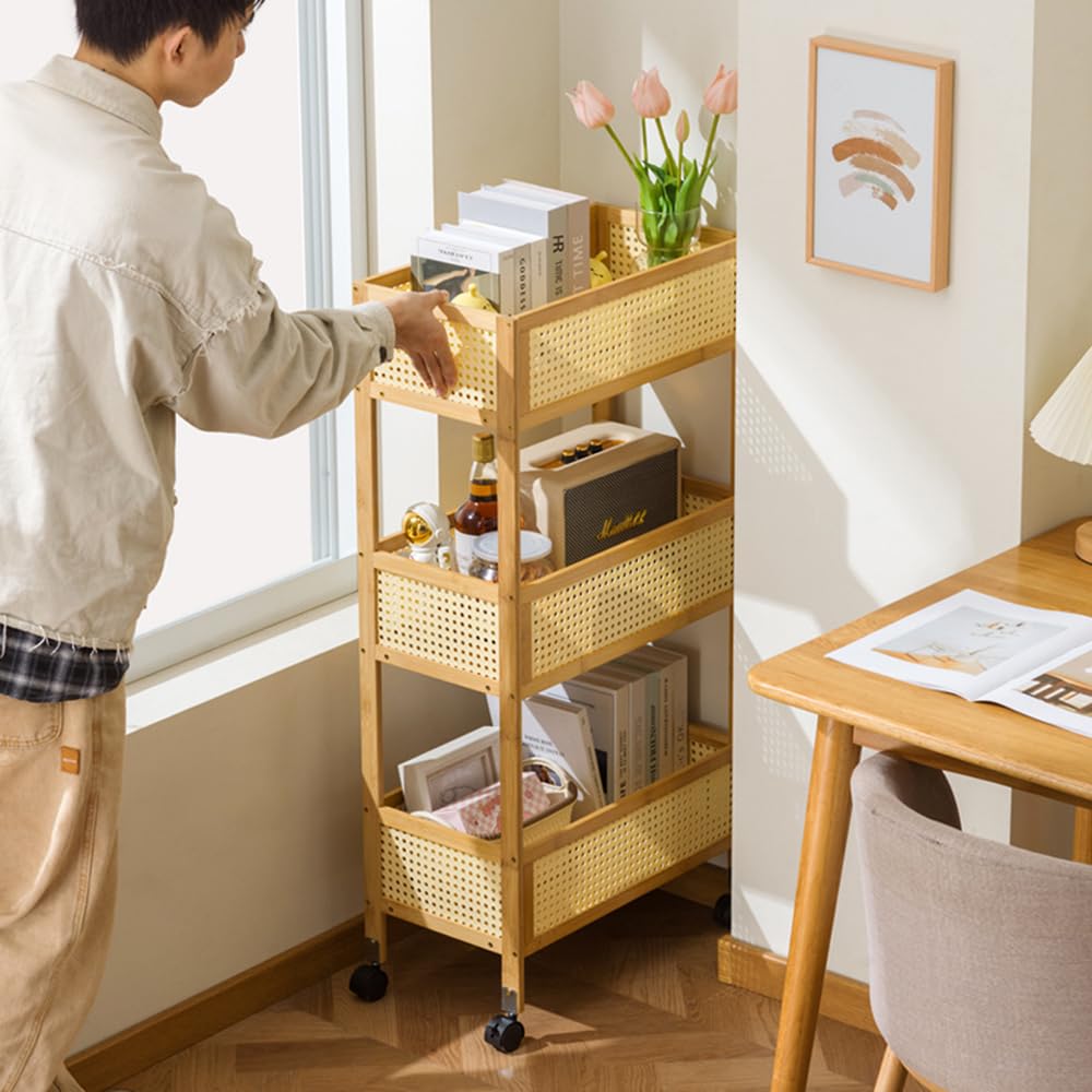 Carrello a 3 ripiani in bambù, robusto per bagno e ufficio, con ruote bloccabili, versatile scaffale per verdure e ripiano su ruote