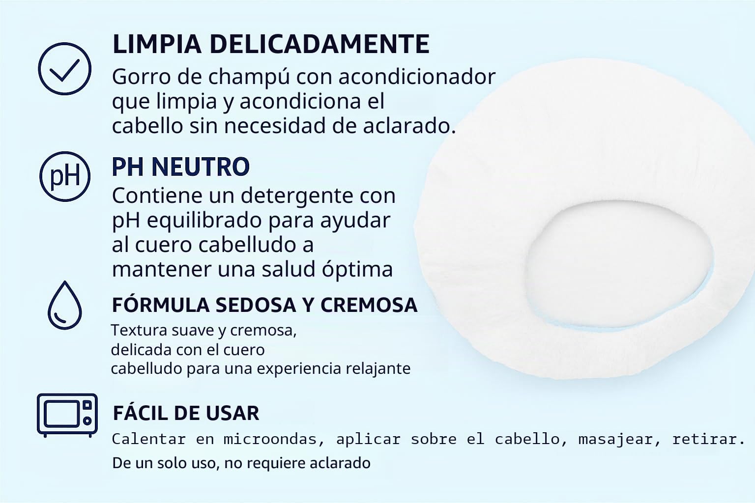 Gorro de champú para personas postres y ancianos 5 + 1 gratis – Gorro desechable sin aclarado con acondicionador, calentable al microondas, pH neutro, higiene y comodidad en cama y en movilidad.