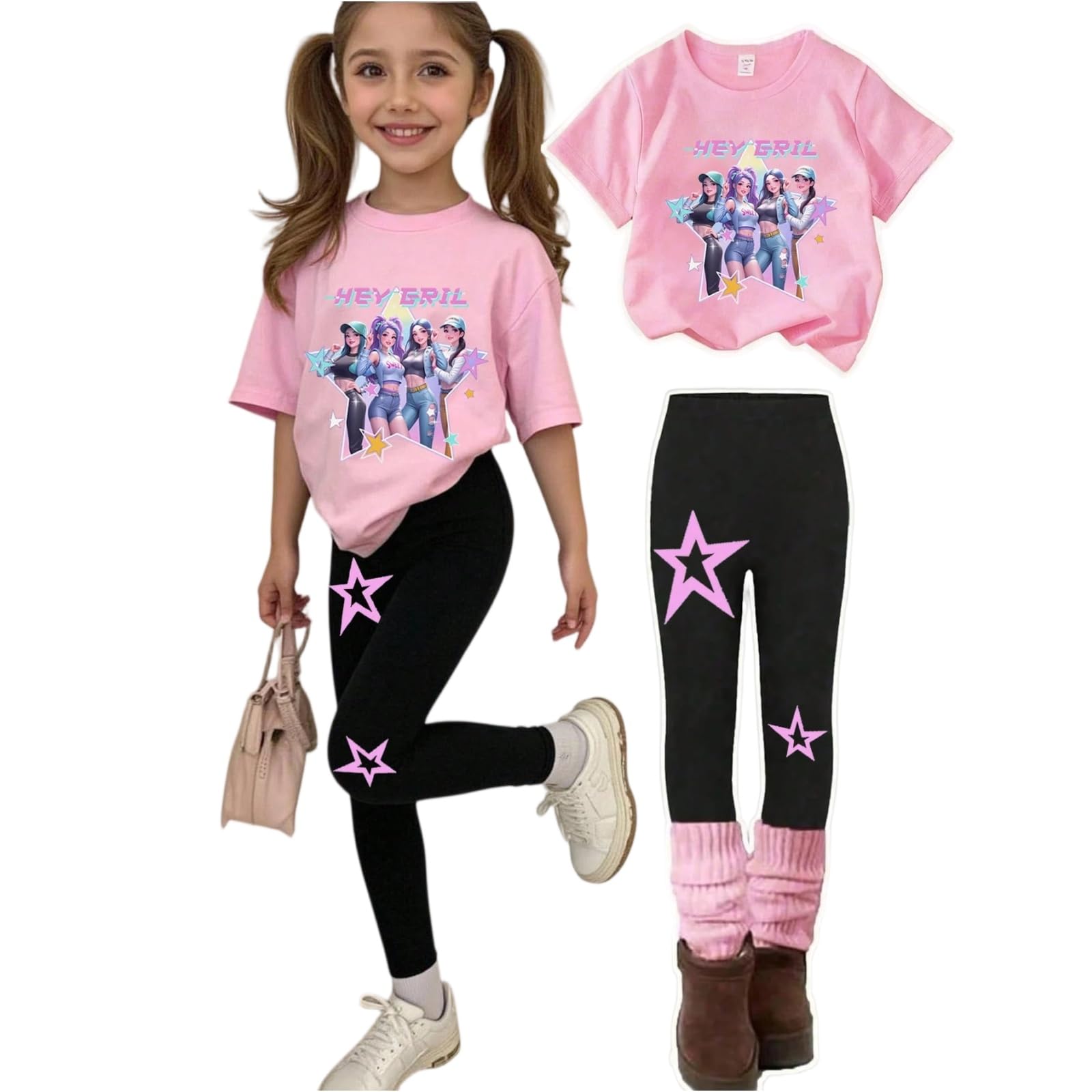 K Pop Short Sleeve T-Shirt and Pants Outfits Set for Girls Hunters Cute Girl's Anime Graphic Tees De-Mon Kids — view 12