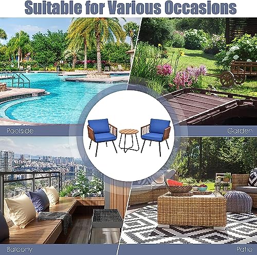 Image of BRISHI Garden Patio Seating Chair and Table Set Outdoor Balcony Garden Coffee Table Set Furniture with 1 Table and 2 Chairs Set with Cushion Braid & Rope (Brown /Blue)