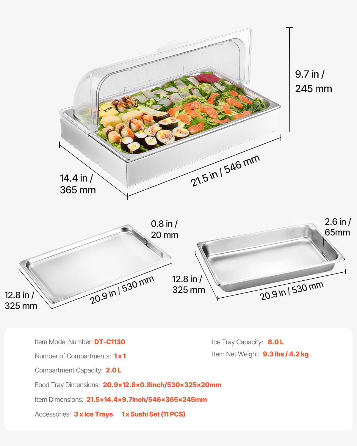 VEVOR Servierbehälter Buffet-Behälter Gastronormbehälter aus Edelstahl (1 Behälter), Präsentationsständer mit transparentem Deckel & 3 Eiswürfelschalen für Restaurant Hotel Küche