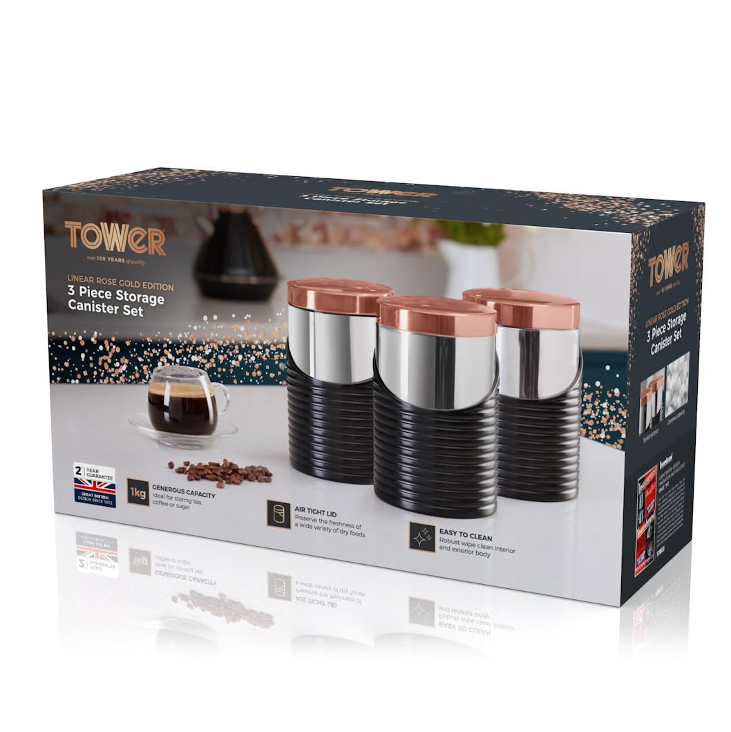 Tower Linear - Set di 3 barattoli in Acciaio Inox, 11,6 x 11,6 x 17 cm, Acciaio Inossidabile, Nero e Oro Rosa., 11.6 x 11.6 x 17 cm