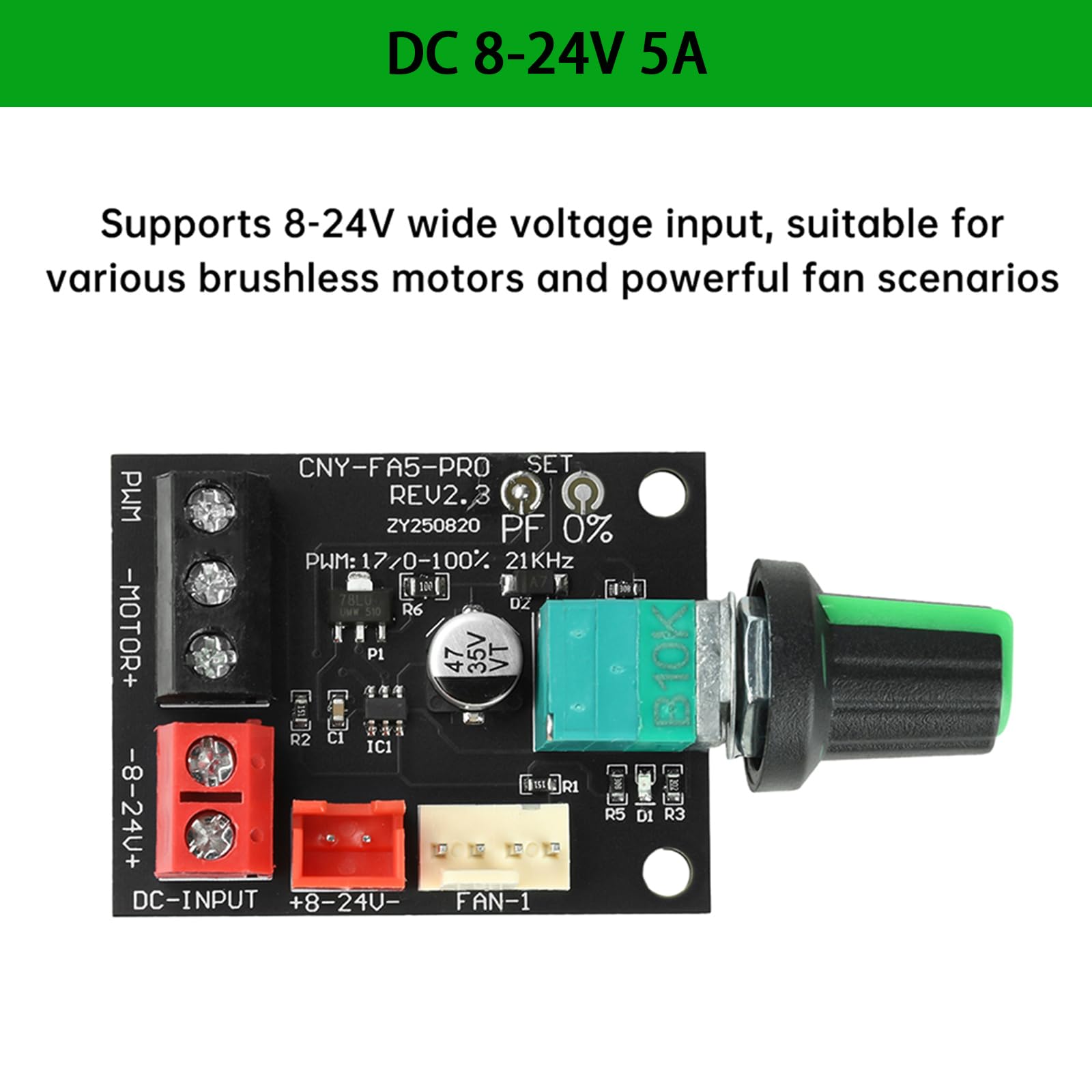 Aideepen Regolatore di ventola PWM a 4 pin, 12 V, 2 pezzi, DC 8-24 V, 5 A, 120 W (max), 4 fili, controller di velocità per motori senza spazzole