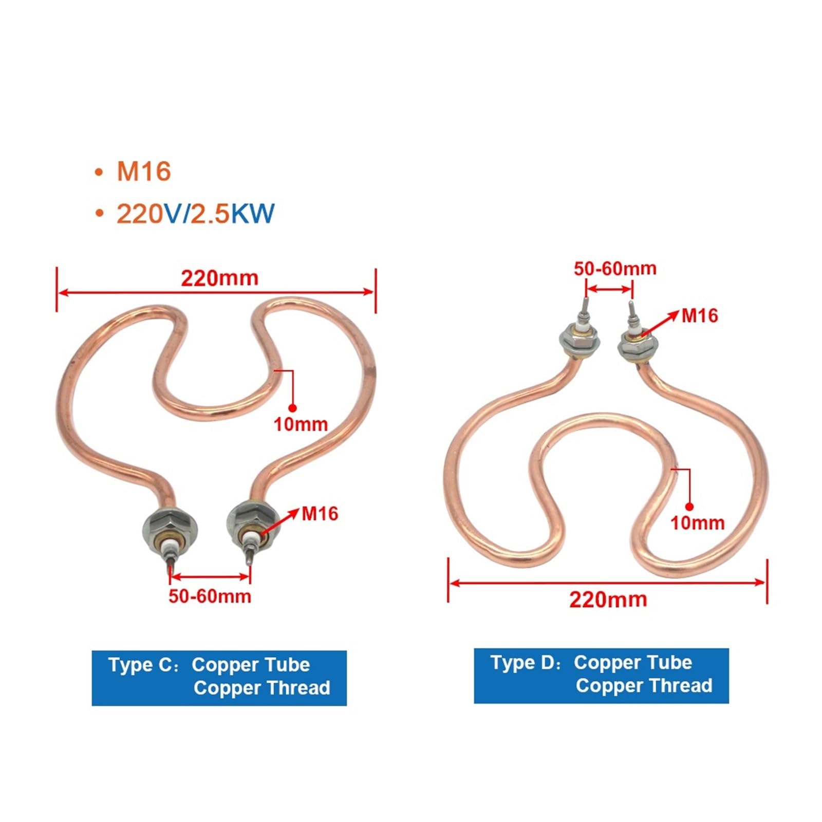 Genérico eufeifeiegds Elemento Calefactor de Bobina Acero Inoxidable 220 V y 2500 W con Tubos Calor(Type A Straight Head)