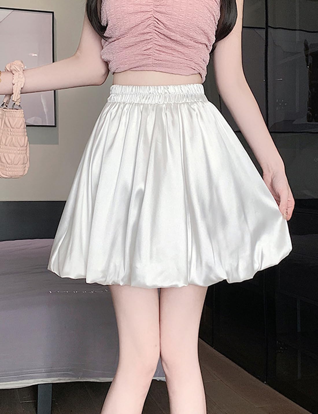Womens Satin Silky Lantern Skirt Flower Bud Shorts Elastic Waist Wide Leg Short Pants Pleated Skorts Bloomers
