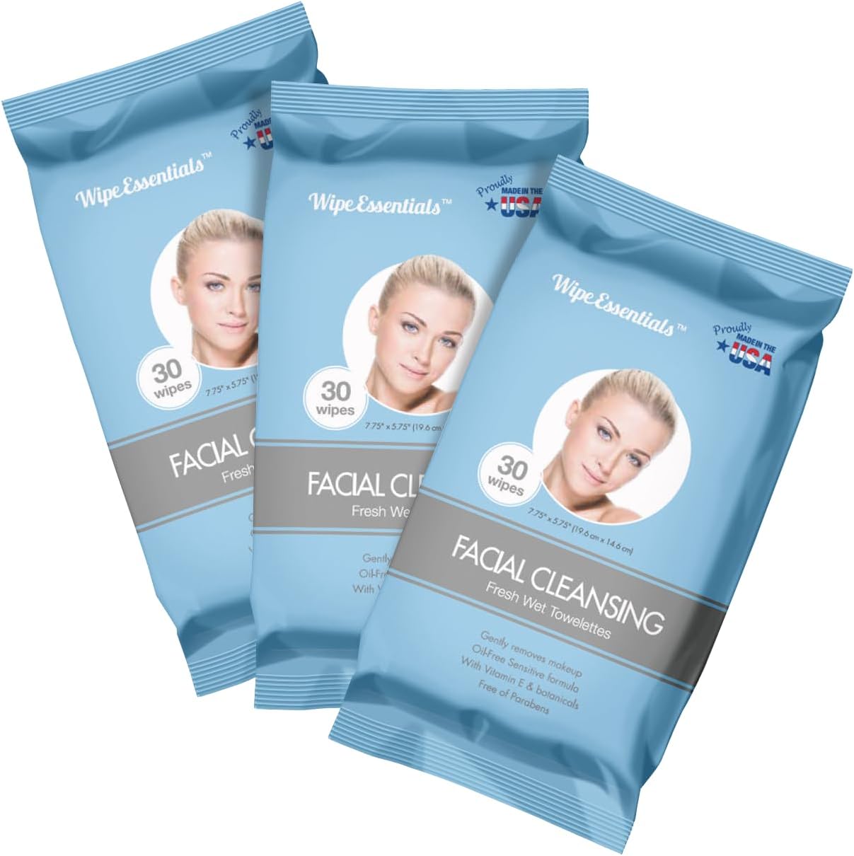 Facial Cleansing Wet Wipes - Travel Makeup Remover Wipes, Oil-free, Non-Greasy Wet Wipes, 3-Pack (30 Wipes Each)