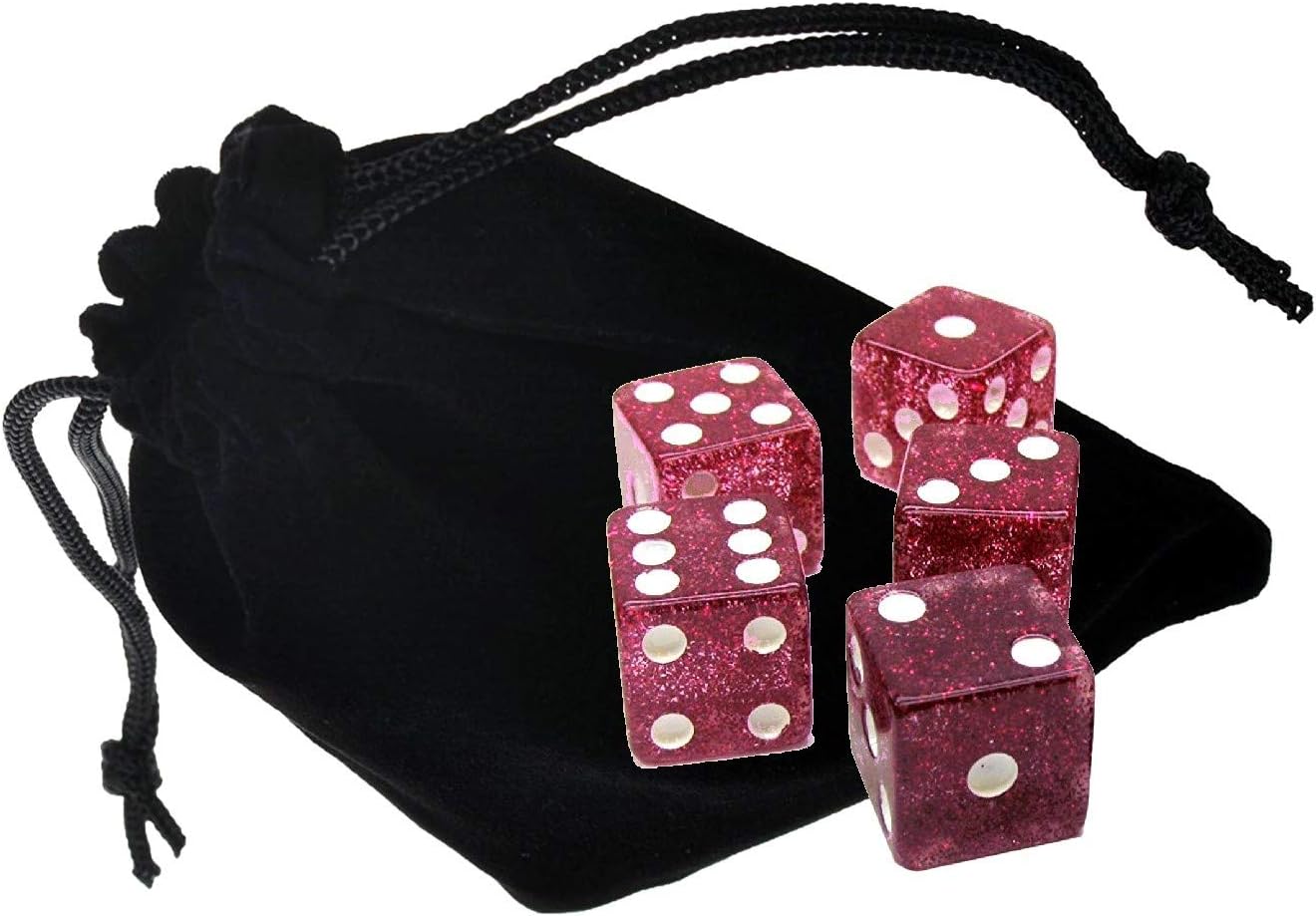 Cyber-Deals Set of (5) 16mm Dice Standard Transparent Square Cornered with Black Velvet Cloth Pouch Bag (Purple (Glitter))
