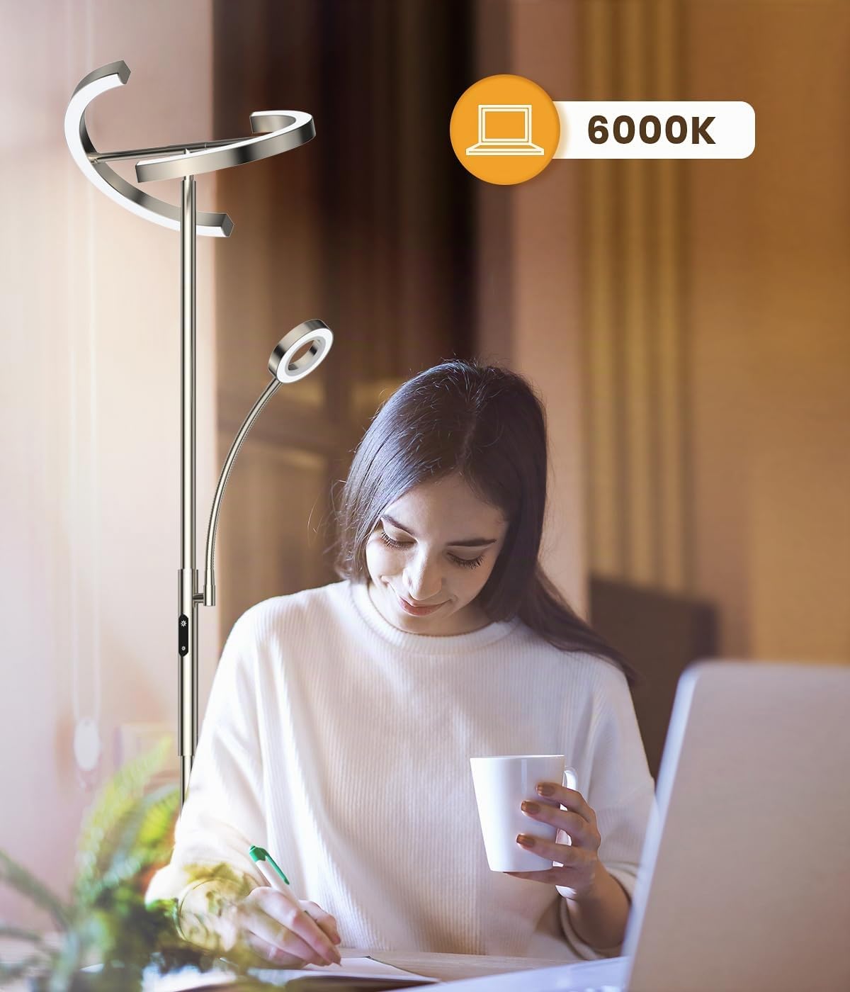 ANTENLICHT lampada da terra dimmerabile LED | Lampada da terra argento 20W con lampada da lettura flessibile da 7W | telecomando con 4 temperature di colore per soggiorno, camera da letto, ufficio