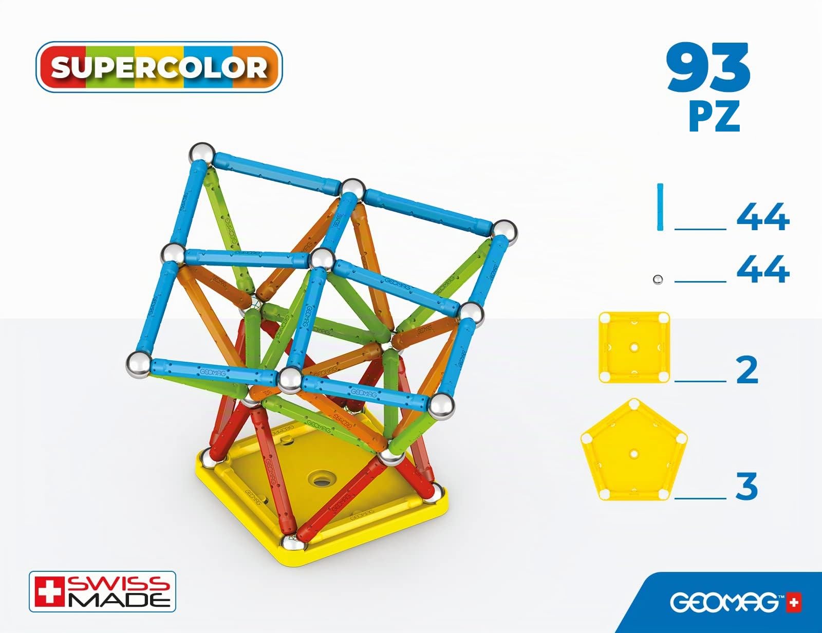 Geomag Classic Supercolor Recycled 93, Costruzioni Magnetiche, Barrette e Pannelli Colorati, Confezione da 93 Pezzi, Plastica 100% Riciclata