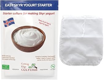 Easy Skyr Yogurt Starter by Cutting Edge Cultures Creamy, Healthy, Homemade Yogurt in Just 24 Hours No Yogurt Maker Neccessary Heirloom Traditional Non GMO No Additives Or Preservatives Keto & Low Carb Friendly Super Gut Promoting 2 Packets for 1 Quart Each Skyr + Yogurt Bag