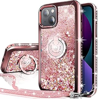Miss Arts iPhone 13 Case, [Silverback] Moving Liquid Holographic Glitter Case with Kickstand, Girls Women Bling Diamond Ring Slim Protective Cover for iPhone 13 6.1 inch -Rose Gold