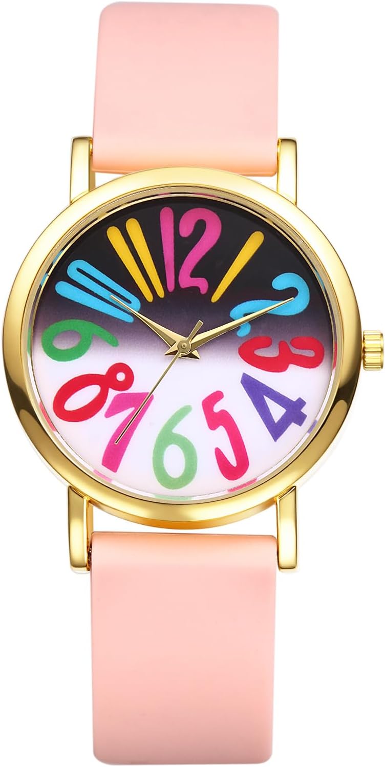 Avaner Women's Silicone Strap Watches: Easy Reader Multicolored Numerals Ladies Large Face Soft Band Quartz Wrist Watch